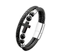 HUIANGLIYG Gourmette Homme,Bracelet en Cuir Véritable Tressé À Perles Croisées pour Homme, Noir, Double Rangée, Tissé, Manchette Empilable, Bijoux Vintage Porte Bonheur, Cadeau pour Garçons e