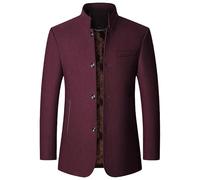 HUIANGLIYG Manteau en Tweed Mi Long Vestes Doublées de Polaire Vestes À Col Mandarin Trench en Laine Court Affaire Décontractée Manteau Coup Vent Simple Boutonnage Bourgogne S