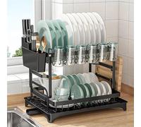 Égouttoir à vaisselle à 2 niveaux, noir avec plateau d'égouttement, support à ustensiles et planche à découper, égouttoir à vaisselle antirouille pour comptoir de cuisine
