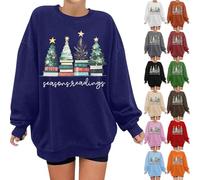 HUIFUAO All Booked for Christmas Sweatshirt for Women Funny Book Christmas Tree Graphic Sweatshirts de Noël Grande taille Tops à manches longues Pull Tendance Festival Tenues Costumes, Z01 Kaki, S