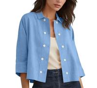HUIFUAO - Chemise courte en lin pour femme, grande taille, manches mi-longues, léger, respirant, tendance, boutonné, pour le travail, le bureau, les sorties, la plage, les vacances, bleu clair, XL