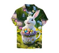 HUIFUAO Chemise de Pâques pour homme avec poche motif œufs de lapin et lapin, boutonnée, manches courtes, haut de plage hawaïen pour adulte, Z11 Vert #2, XXL