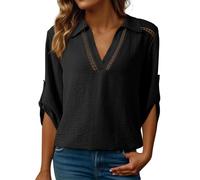 HUIFUAO - Chemise d'été à manches 3/4 en lin pour femme, grande taille, légère et respirante, col en V, pour le travail, le bureau, les sorties, la plage, les vacances, Noir , S