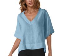 HUIFUAO - Chemise d'été à manches courtes en lin pour femme, col en V, grande taille, légère et respirante, pour le travail, le bureau, les sorties, chemisier ample et décontracté pour la plage, les