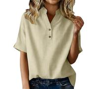 HUIFUAO Chemise d'été à manches courtes en lin pour femme - Grande taille - Léger et respirant - Col en V - Bouton - Pour le bureau, le travail, les sorties, la plage, les vacances, kaki, L
