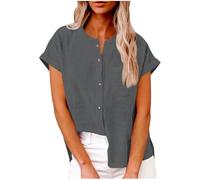 HUIFUAO - Chemise d'été à manches courtes en lin pour femme, grande taille, légère, respirante, élégante, boutonnée, pour le travail, le bureau, les sorties, chemisier décontracté avec poches, gris