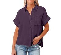 HUIFUAO - Chemise d'été à manches courtes en lin pour femme, grande taille, respirant, léger, habillé, boutonné, col en V, pour sortir, bureau, travail, tendance, décontracté, plage, vacances, violet
