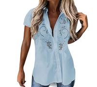 HUIFUAO - Chemise en coton et lin pour femme à manches courtes vintage brodée florale - Chemisier d'été ajouré bohème léger pour vacances, plage, style ethnique, chemise boutonnée - Chemisier paysan