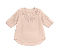 HUIFUAO - Chemise en lin pour femme, grande taille, manches mi-longues, broderie florale, chemisier vintage, d'été, bohème, léger, vacances, plage, style ethnique, tendance, bohème, paysanne, rose, L