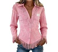 HUIFUAO Chemises occidentales pour femme - Haut à franges vintage boutonné à manches longues - Chemisier en daim - Tenue de cowgirl des années 70 - Vêtements décontractés et tendance - Costumes de
