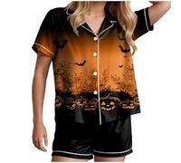 HUIFUAO Ensemble de pyjama d'Halloween pour femme, ensemble de pyjama amusant citrouille, fantôme, vêtements de nuit effrayants pour Halloween, grande taille, pyjama 2 pièces, imprimé squelette