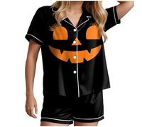 HUIFUAO Ensemble de pyjama d'Halloween pour femme, ensemble de pyjama amusant fantôme citrouille, vêtements de nuit effrayants pour Halloween, grande taille, pyjama 2 pièces, imprimé chat noir