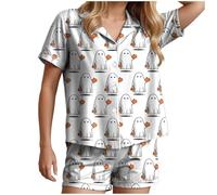 HUIFUAO Ensemble de pyjama d'Halloween pour femme, ensemble de pyjama amusant fantôme citrouille, vêtements de nuit effrayants pour Halloween, grande taille, vêtements de nuit 2 pièces, chemise à