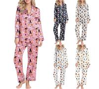 HUIFUAO Ensemble de pyjama d'Halloween pour femme, motif citrouille effrayant, fantôme, vêtements de nuit, costume d'Halloween amusant, imprimé squelette, vêtements de nuit, chemises à manches longues