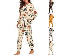 HUIFUAO Ensemble de Pyjama d'halloween pour Femme, Motif Citrouille, fantôme, vêtements de Nuit, vêtements de Nuit 2 pièces, Motif Chat Noir, Costume d'halloween, Haut Manches Longues, Z01 Blanc, L