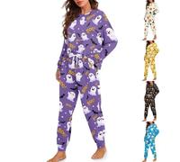 HUIFUAO Ensemble de pyjama d'Halloween pour femme, motif citrouille, fantôme, vêtements de nuit, vêtements de nuit 2 pièces, motif chat noir, costume d'Halloween, haut à manches longues et pantalon