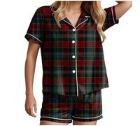 HUIFUAO Ensemble de pyjama d'Halloween pour femme - Vêtements de nuit amusants en forme de citrouille - Costume d'Halloween grande taille - Pyjama 2 pièces à carreaux - Chemises à manches courtes