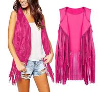 HUIFUAO Gilet à franges sans manches pour femme Gilet à pompons Vintage Western Cowgirls Tenues années 70 hippie Cardigan ouvert sur le devant Veste gilet, Rose Vif, S