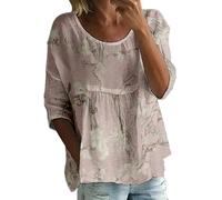 HUIFUAO - Haut bohème à manches 3/4 pour femme, grande taille, imprimé floral, t-shirt d'été tendance, style ethnique, paysan, chemisier à col rond, décontracté, ample, vacances, plage, vacances, rose