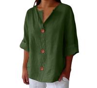 HUIFUAO - Haut en Lin à Manches 3/4 pour Femme, Grande Taille, Chemisiers et Chemises d'été, Confortables, Respirants, légers, col en V, Tunique boutonnée, A02 Vert, 3XL
