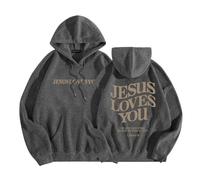 HUIFUAO Jésus t'aime Sweat à capuche pour femme à manches longues avec imprimé de lettres, cordon de serrage, sweat surdimensionné pour femme, gris foncé, M