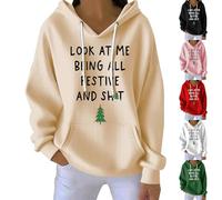 HUIFUAO Look at Me Being All Festive and Shit Sweat à capuche de Noël pour femme avec imprimé sapin de Noël amusant à manches longues avec poches, Noir , XXL