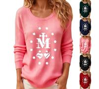 HUIFUAO Pull à médaille miraculeuse pour femme Grande taille Chemise catholique Vierge Marie Jésus Chrétien Tops Pulls à manches longues Pull en tricot, rose, L