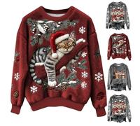 HUIFUAO Pull de Noël en flanelle pour femme, imprimé chat mignon et Père Noël, tenue de Noël drôle, pull long manches chaud et doux pour l'hiver, hauts originaux pour costumes de fête, XXL