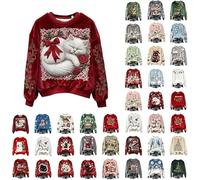 HUIFUAO Pull de Noël en flanelle pour femme, imprimé chat mignon et Père Noël, tenue de Noël drôle, pull long manches chaud et doux pour l'hiver, hauts originaux pour costumes de fête, M