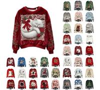 HUIFUAO Pull de Noël en flanelle pour femme, imprimé mignon chat et Père Noël, tenue de Noël drôle, pull long manches chaud et doux pour l'hiver, hauts originaux pour costumes de fête, blanc, XXL