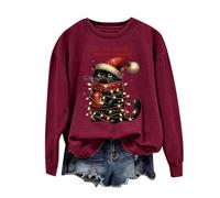HUIFUAO Pull de Noël pour femme avec imprimé chat noir mignon, graphique drôle de Père Noël et arbre de Noël, manches longues, déguisement de festival, tailles fortes, M