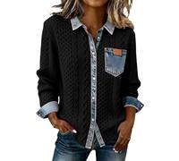 HUIFUAO - Pull en denim patchwork pour femme grande taille avec coutures en jean - Pull à manches longues et revers boutonné - Sweat tendance aux couleurs contrastées - Chemisier contrasté pour le