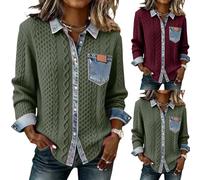 HUIFUAO - Pull en denim patchwork pour femme, grande taille, avec coutures en jean, pulls à manches longues et revers boutonnés, sweatshirts tendance aux couleurs contrastées, Rouge, S