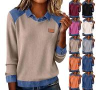 HUIFUAO Pull en denim patchwork pour femme - Grande taille - Tricot côtelé - Coutures en jean - Pull à manches longues - Texture à revers - Pull contrasté - Pull décontracté pour le travail et le