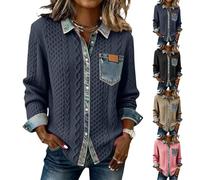 HUIFUAO Pull en tricot pour femme avec col en jean grande taille en jean patchwork à manches longues et revers boutonné pour le bureau, rose, XXL