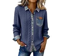 HUIFUAO Pull en tricot pour femme avec col en jean habillé en patchwork à manches longues et revers boutonné, Z12 Gris foncé, L