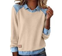 HUIFUAO Pull en tricot pour femme avec col en jean habillé en patchwork à manches longues et revers boutonné, Z14 Beige, XL