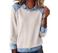 HUIFUAO Pull en tricot pour femme avec col en jean habillé en patchwork à manches longues et revers boutonné, Z15 Blanc, 3XL