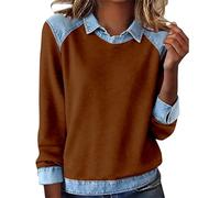 HUIFUAO Pull en tricot pour femme avec col en jean habillé en patchwork à manches longues et revers boutonné, Z15 Marron, L