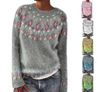 HUIFUAO Pull Fair Isle pour femme - Grande taille - Pull de Noël norvégien nordique islandais - Tricot épais et chaud - Pull vintage à manches longues, gris, L