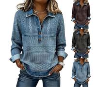 HUIFUAO Pull pour femme avec col en jean grande taille en jean patchwork coutures hauts en tricot à manches longues boutonnés chemises à revers boutonné sweatshirts sweatshirts bureau travail