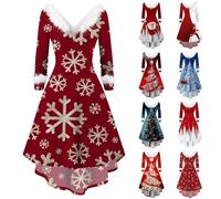 HUIFUAO Robe de Noël drôle pour femme avec col en V et manches longues col en peluche pour fête, cocktail, soirée déguisée, idée cadeau, Rouge, M