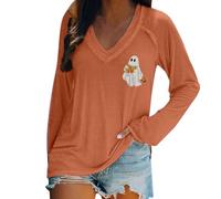HUIFUAO Salem Broom Co Chemises d'Halloween pour femmes T-shirts de sorcière amusants Costumes d'Halloween effrayants Col en V Manches longues Hauts de festival Tenues Vêtements, Z04 Marron, M