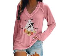 HUIFUAO Salem Broom Co Chemises d'Halloween pour femmes T-shirts de sorcière amusants Costumes d'Halloween effrayants Col en V Manches longues Hauts de festival Tenues Vêtements, Z13 Rose, XXXXXL