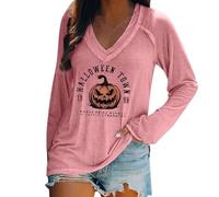 HUIFUAO Salem Broom Co Chemises d'Halloween pour femmes T-shirts de sorcière amusants Costumes d'Halloween effrayants Col en V Manches longues Hauts de festival Tenues Vêtements, Z12 Rose, XL