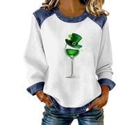 HUIFUAO Shut Up Liver You're Fine Waffle St Patrick's Day Denim Sweatshirts Femme Drôle Trèfle Gaufré Jean Tops Irish St Paddy's Day Costumes Manches Longues Denim Épissure Patchwork Pull, Z01 Blanc