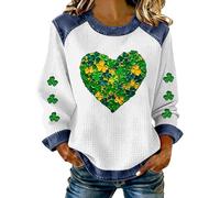 HUIFUAO Shut Up Liver You're Fine Waffle St Patrick's Day Denim Sweatshirts Femme Drôle Trèfle Gaufré Jean Tops Irish St Paddy's Day Costumes Manches Longues Denim Épissure Patchwork Pull, Z03 Blanc