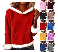 HUIFUAO Sweat à capuche de Noël en flanelle pour femme - Grande taille - Tenue de Noël fantaisie - Chaud et doux à manches longues - Garniture en peluche - Pull de vacances avec poches, jaune, S