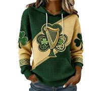 HUIFUAO Sweat à capuche en tricot gaufré pour femme avec motif trèfle amusant pour la Saint-Patrick - Costume irlandais de la St Paddys Day - Chemises à manches longues avec poches, Z04 Jaune, XL