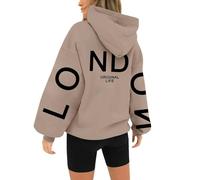 HUIFUAO - Sweat à capuche Londres pour femme, grande taille, tendance, imprimé lettres, pull d'automne ample, décontracté, à manches longues, pour sport, streetwear, sweatshirts avec poches, kaki, M